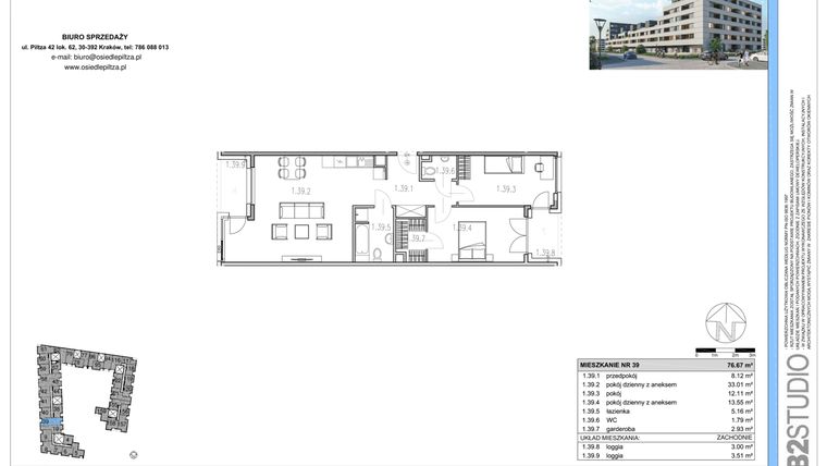 Rzut - Mieszkanie na sprzedaż 3 pokoje o powierzchni 76,89 m² - numer M39 w Osiedle Piltza etap X