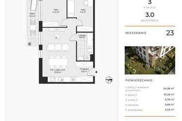Rzut - Mieszkanie na sprzedaż 3 pokoje o powierzchni 55,05 m² - numer 23 w Bytkowska 3.0
