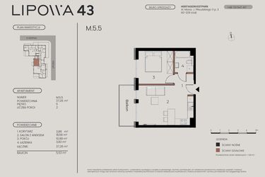 Rzut - Mieszkanie na sprzedaż 2 pokoje o powierzchni 37,26 m² - numer M.5.5 w Lipowa 43