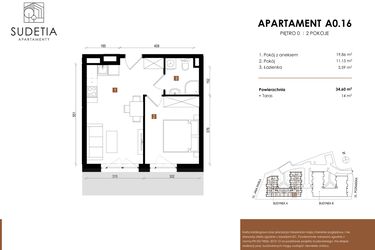 Rzut - Mieszkanie na sprzedaż 2 pokoje o powierzchni 34,6 m² - numer A 0.16 w Apartamenty Sudetia