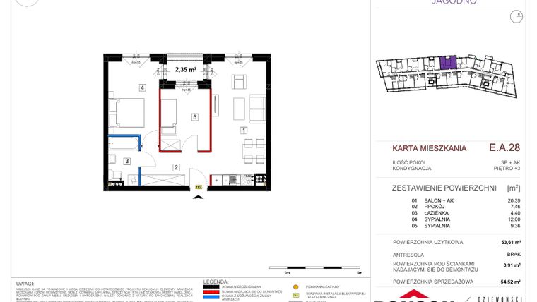 Rzut - Mieszkanie na sprzedaż 3 pokoje o powierzchni 53,96 m² - numer EA_28 w Viva Jagodno etap III