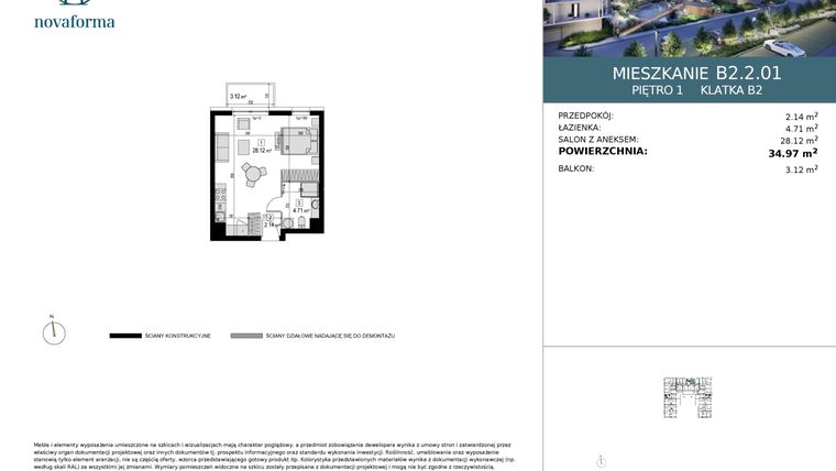Rzut - Mieszkanie na sprzedaż 1 pokój o powierzchni 34,97 m² - numer B2.2.01 w Novaforma II
