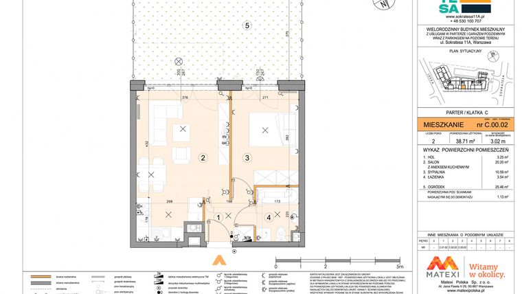 Rzut - Mieszkanie na sprzedaż 2 pokoje o powierzchni 38,71 m² - numer C.00.02 w Sokratesa 11a