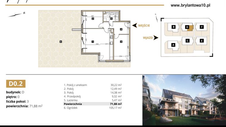 Rzut - Mieszkanie na sprzedaż 3 pokoje o powierzchni 71,88 m² - numer D0.2 w Brylantowa 10
