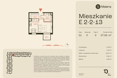 Rzut - Mieszkanie na sprzedaż 1 pokój o powierzchni 27,55 m² - numer E2-2-13 w Osiedle Meiera