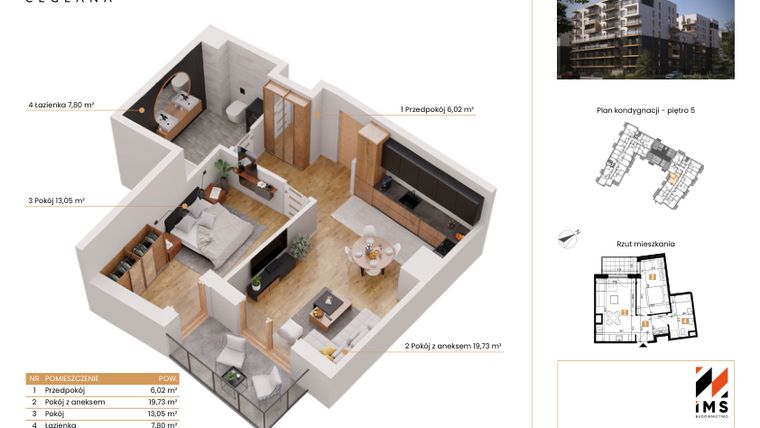 Rzut - Mieszkanie na sprzedaż 2 pokoje o powierzchni 46,6 m² - numer A.5.9 w Rondo Ceglana etap II
