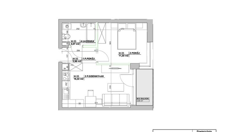Rzut - Mieszkanie na sprzedaż 2 pokoje o powierzchni 34,57 m² - numer A33 w Laurowy Zakątek