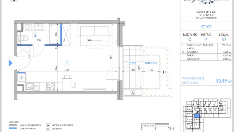 Rzut - Mieszkanie na sprzedaż 1 pokój o powierzchni 33,83 m² - numer C101 w Rezydencja Niechorze II