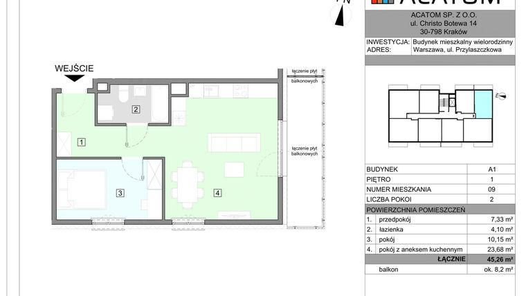 Rzut - Mieszkanie na sprzedaż 2 pokoje o powierzchni 45,26 m² - numer A1.9 w Wawer Go 2.0
