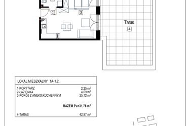 Rzut - Mieszkanie na sprzedaż 1 pokój o powierzchni 31,76 m² - numer 1A-1.2 w Gardenia Pogodno