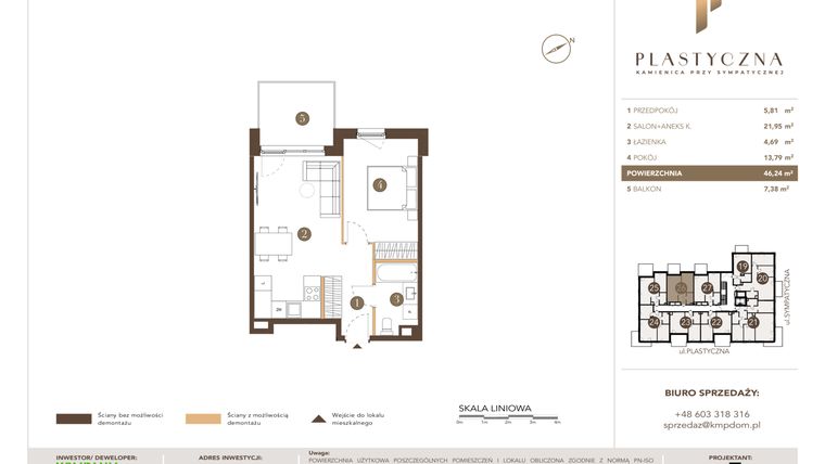 Rzut - Mieszkanie na sprzedaż 2 pokoje o powierzchni 46,24 m² - numer PK-LM-26 w Plastyczna Kamienica przy Sympatycznej