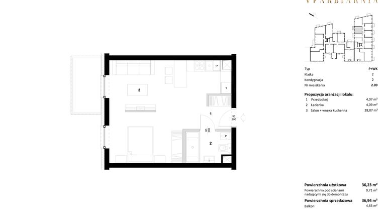 Rzut - Mieszkanie na sprzedaż 1 pokój o powierzchni 36,94 m² - numer 2.09 w Stara Farbiarnia