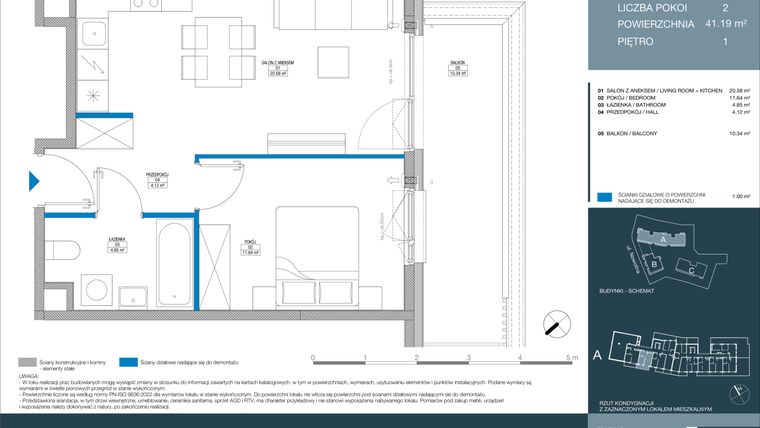 Rzut - Mieszkanie na sprzedaż 2 pokoje o powierzchni 41,18 m² - numer A.1.2.3 w Meri Apartamenty