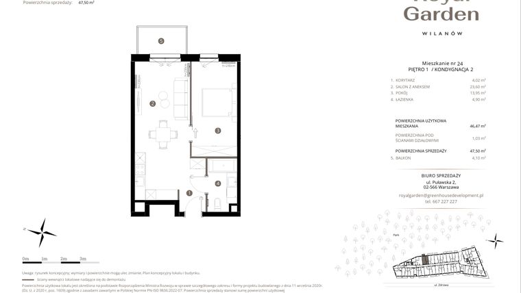 Rzut - Mieszkanie na sprzedaż 2 pokoje o powierzchni 46,47 m² - numer M.24 w Royal Garden Wilanów