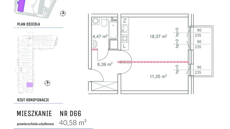 Rzut - Mieszkanie na sprzedaż 2 pokoje o powierzchni 40,58 m² - numer D66 w Osiedle Impresja 2