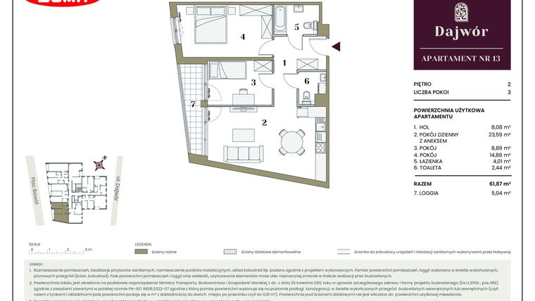 Rzut - Mieszkanie na sprzedaż 3 pokoje o powierzchni 61,87 m² - numer 13 w Dajwór
