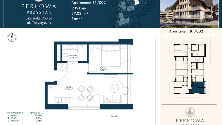 Rzut - Mieszkanie na sprzedaż 2 pokoje o powierzchni 37,02 m² - numer B1/002 w Perłowa Przystań - Szklarska Poręba
