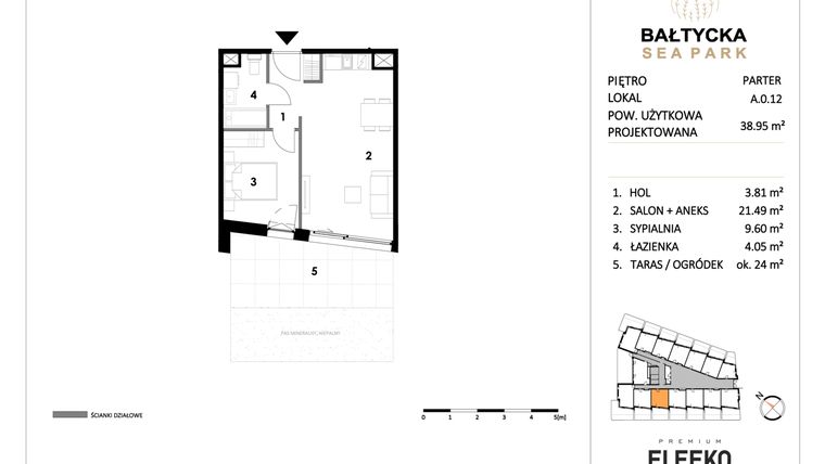 Rzut - Mieszkanie na sprzedaż 2 pokoje o powierzchni 38,95 m² - numer A.0.12 w Bałtycka Sea Park