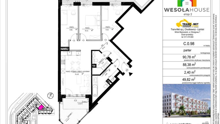 Rzut - Mieszkanie na sprzedaż 4 pokoje o powierzchni 88,25 m² - numer C.0.98 w Wesoła House Etap II