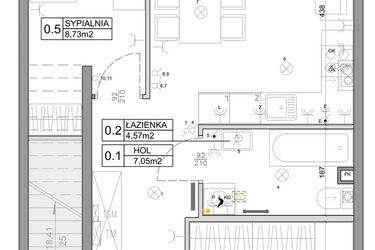 Rzut - Mieszkanie na sprzedaż 3 pokoje o powierzchni 48,03 m² - numer 91 w Manufaktura Marki 2 etap IV