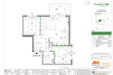 Rzut - Mieszkanie na sprzedaż 3 pokoje o powierzchni 59,08 m² - numer F2-A.01.04 w Kameralny Prokocim 2