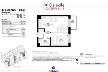 Rzut - Mieszkanie na sprzedaż 2 pokoje o powierzchni 36,56 m² - numer D1.24 w Osiedle Kociewskie etap III