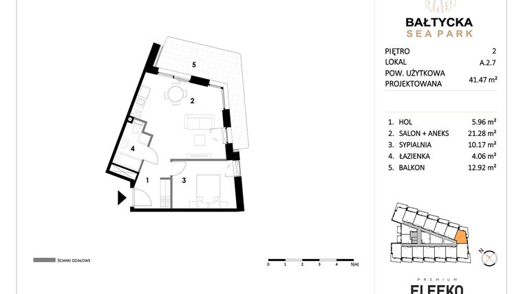 Rzut - Mieszkanie na sprzedaż 2 pokoje o powierzchni 41,47 m² - numer A.2.7 w Bałtycka Sea Park