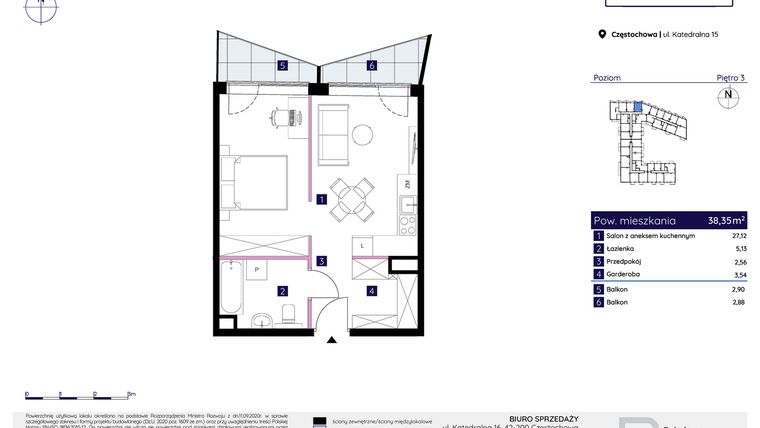 Rzut - Mieszkanie na sprzedaż 1 pokój o powierzchni 38,35 m² - numer 15/66 w Osiedle Neonowe
