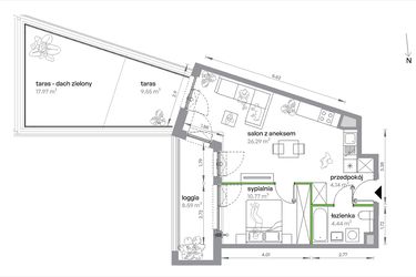 Rzut - Mieszkanie na sprzedaż 2 pokoje o powierzchni 45,64 m² - numer 1/A/2/7 w Sochaczewska Vita