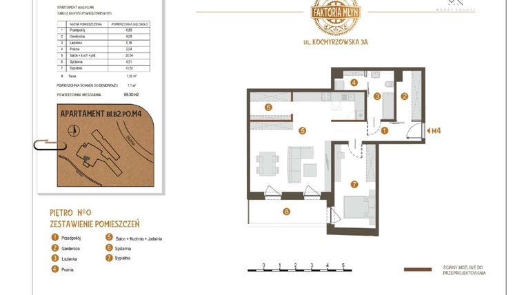 Rzut - Mieszkanie na sprzedaż 2 pokoje o powierzchni 68,3 m² - numer B1.B2.P0.M4 w Faktoria Młyn
