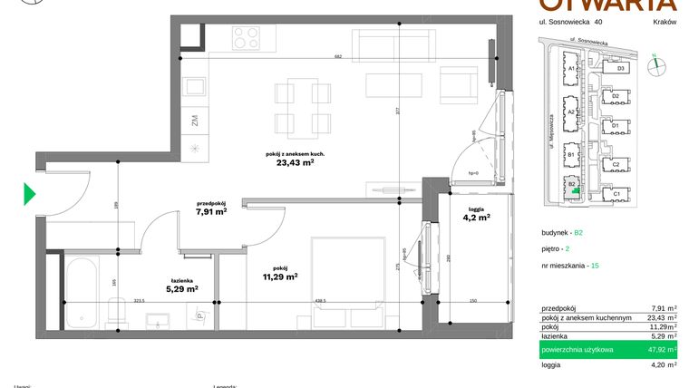 Rzut - Mieszkanie na sprzedaż 2 pokoje o powierzchni 47,92 m² - numer B2-15 w Forma Otwarta etap II