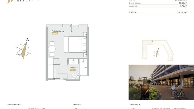 Rzut - Mieszkanie na sprzedaż 1 pokój o powierzchni 24,14 m² - numer H.1.24 w Harmony Resort