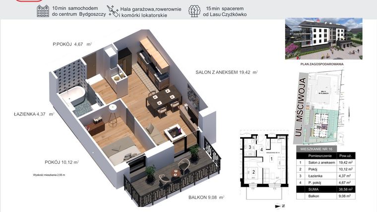 Rzut - Mieszkanie na sprzedaż 2 pokoje o powierzchni 38,58 m² - numer 16 w Mściwoja MS-12