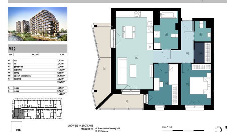 Rzut - Mieszkanie na sprzedaż 3 pokoje o powierzchni 68,45 m² - numer D12 w Panorama Kwiatkowskiego
