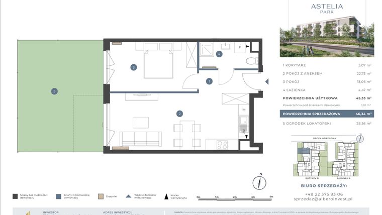 Rzut - Mieszkanie na sprzedaż 2 pokoje o powierzchni 45,33 m² - numer 3.1B.02 w Astelia Park etap 1A i 3