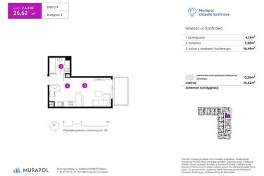 Rzut - Mieszkanie na sprzedaż 1 pokój o powierzchni 26,62 m² - numer 2.A.4.02 w Murapol Osiedle Szafirove II