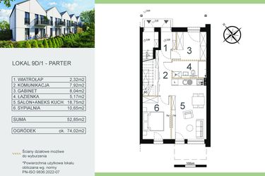 Rzut - Mieszkanie na sprzedaż 3 pokoje o powierzchni 52,85 m² - numer 9D/1 w Zamiejska 9