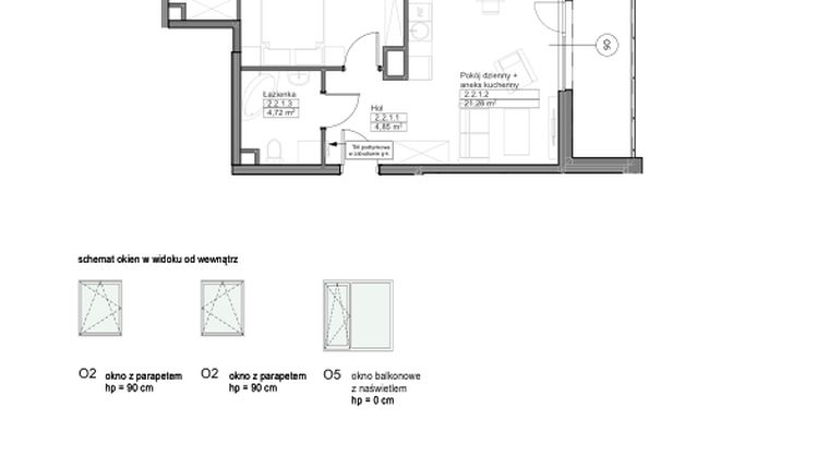 Rzut - Mieszkanie na sprzedaż 2 pokoje o powierzchni 46,3 m² - numer B.2.2.1 w Optima VIII
