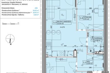 Rzut - Mieszkanie na sprzedaż 3 pokoje o powierzchni 54,95 m² - numer 49B w Osiedle Młodych etap VIII