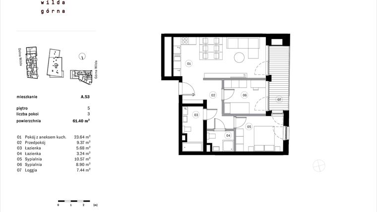 Rzut - Mieszkanie na sprzedaż 3 pokoje o powierzchni 61,4 m² - numer A.53 w Dolna Górna Wilda
