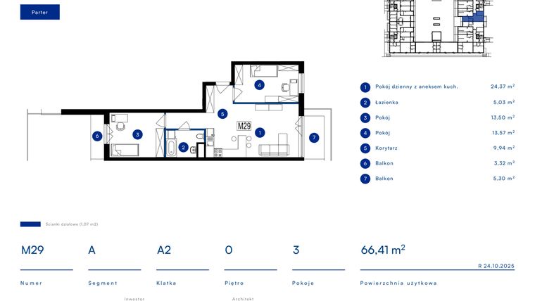 Rzut - Mieszkanie na sprzedaż 3 pokoje o powierzchni 66,41 m² - numer 29A w Przy Bursztynowej