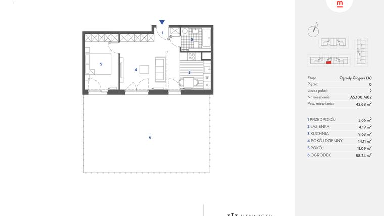 Rzut - Mieszkanie na sprzedaż 2 pokoje o powierzchni 42,63 m² - numer A5.100.M02 w Mieszkaj w mieście - Ogrody Glogera