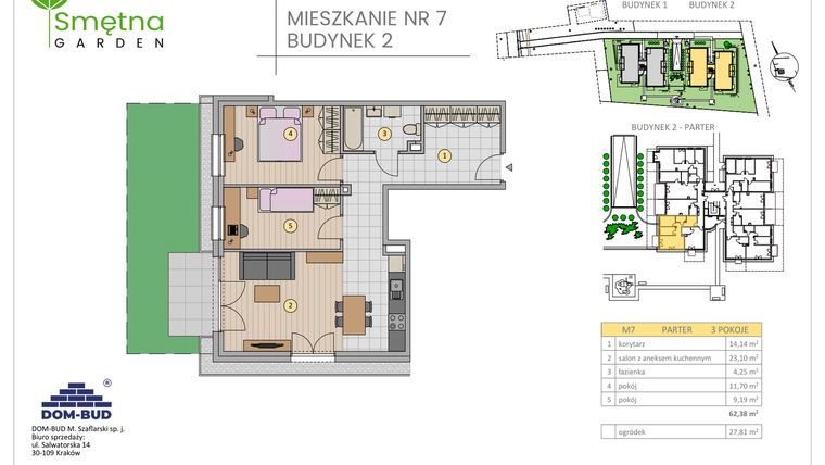 Rzut - Mieszkanie na sprzedaż 3 pokoje o powierzchni 62,38 m² - numer 7 w Smętna Garden