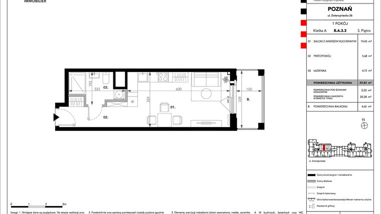 Rzut - Mieszkanie na sprzedaż 1 pokój o powierzchni 29,83 m² - numer B.A.3.3 w Zajezdnia