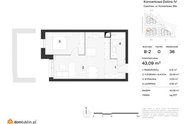 Rzut - Mieszkanie na sprzedaż 2 pokoje o powierzchni 43,09 m² - numer 36 w Koncertowa Dolina