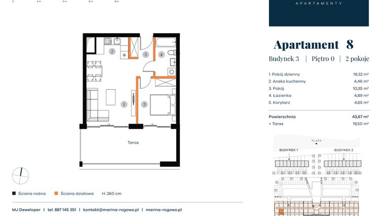 Rzut - Mieszkanie na sprzedaż 2 pokoje o powierzchni 43,67 m² - numer 8 w Apartamenty Marina Rogowo