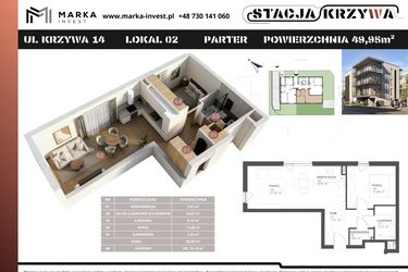 Rzut - Mieszkanie na sprzedaż 2 pokoje o powierzchni 49,95 m² - numer M2 w Stacja Krzywa