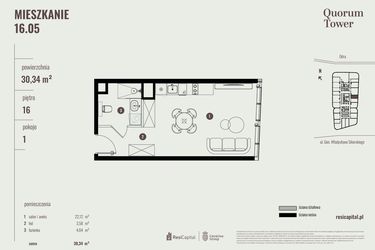 Rzut - Mieszkanie na sprzedaż 1 pokój o powierzchni 30,34 m² - numer 16.05 w Quorum Tower