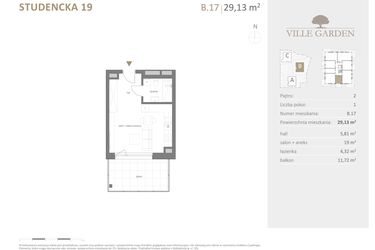 Rzut - Mieszkanie na sprzedaż 1 pokój o powierzchni 29,13 m² - numer B.17 w Ville Garden