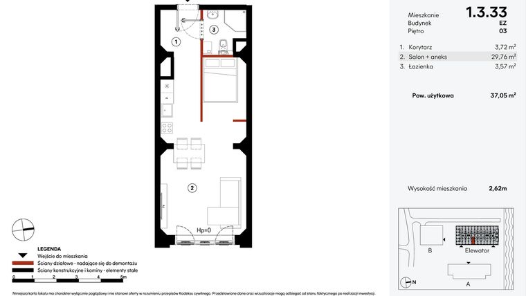 Rzut - Mieszkanie na sprzedaż 1 pokój o powierzchni 37,05 m² - numer EZ.1.3.33 w Elewator - Mieszkania i Lofty